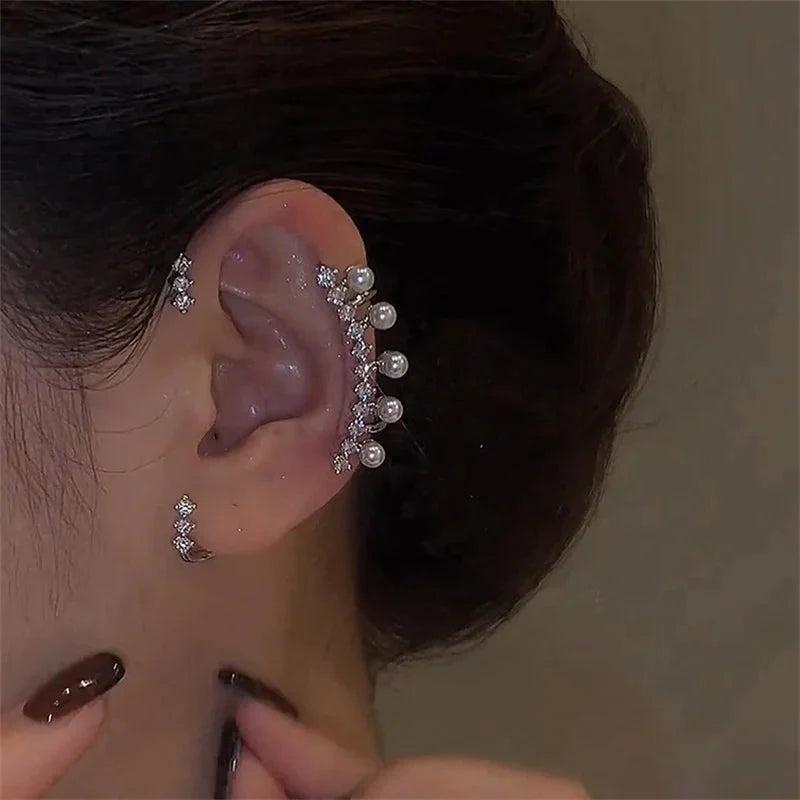 Silver Color Pearl Ear Cuff  Vintage Crystal Zircon Ear Clip, No Piercing Required, Fashion Jewelry for Women