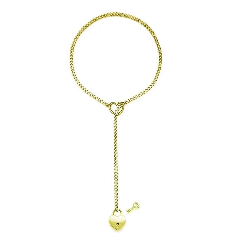 Adjustable Heart O-Ring Punk Rock Cuban Chain Necklace  Lariat Y-Style Necklace with Key & Heart Lock Pendant