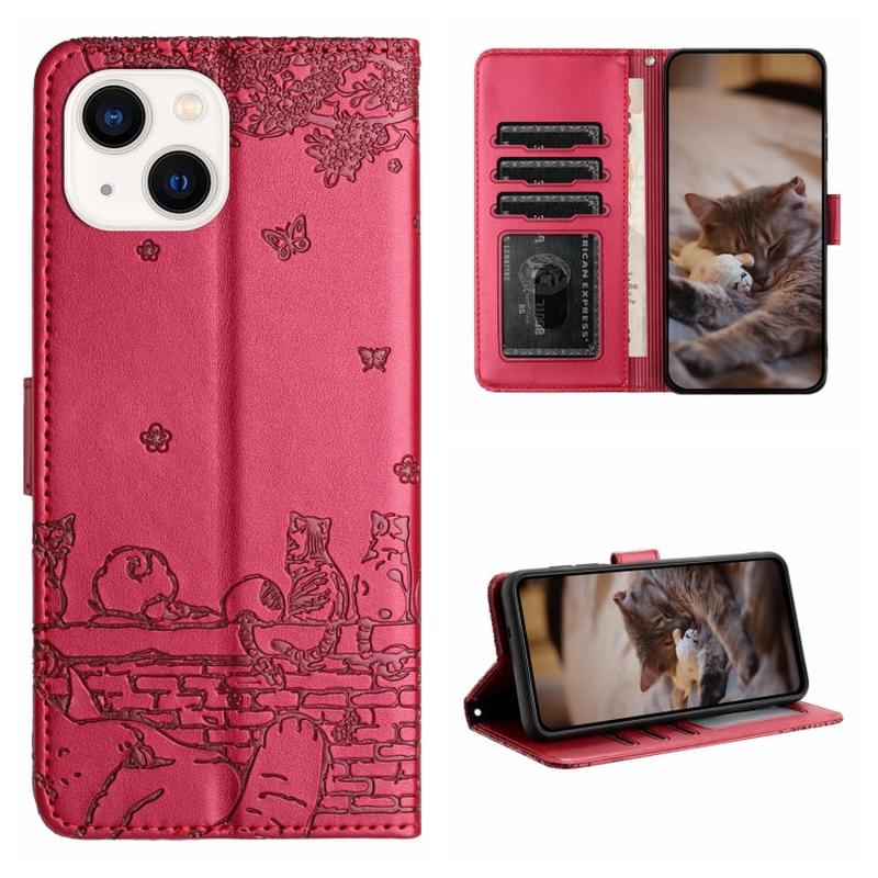 iPhone 15 Cat Embossed Leather Wallet Case with Lanyard | Card Slots & Stand