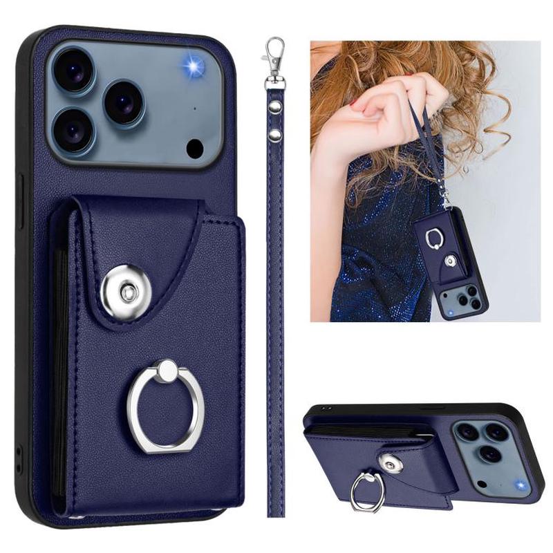 Premium PU Leather Phone Case with Card Holder, Ring Stand & Detachable Lanyard