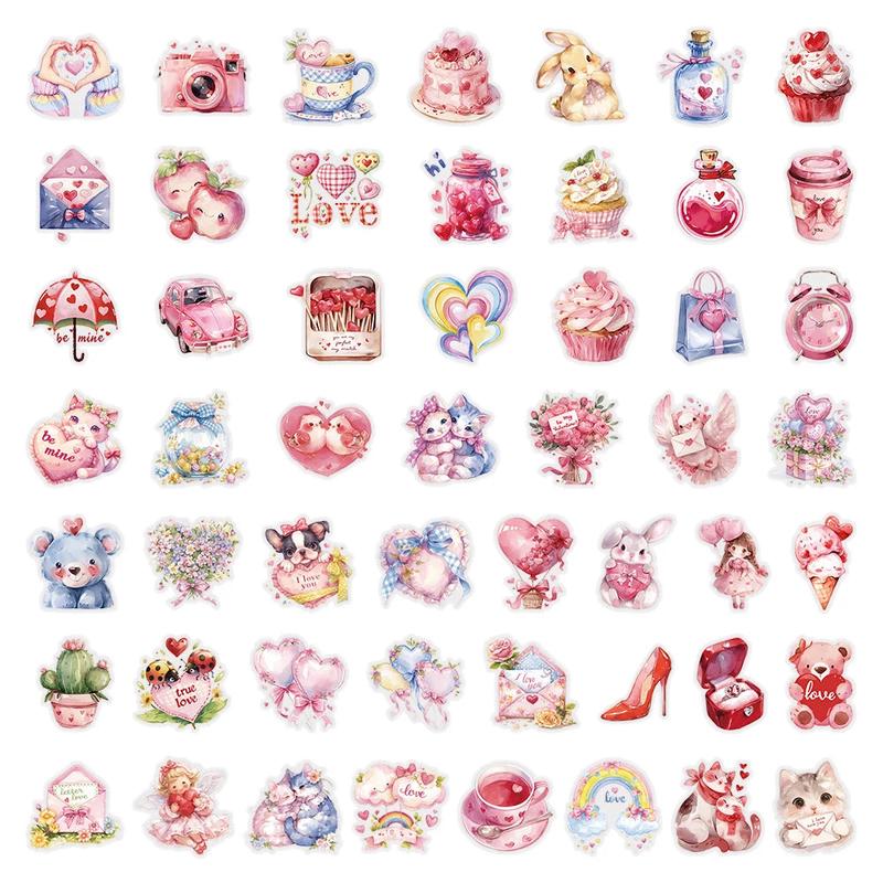 10/30/50pcs Kawaii Transparent Pink Valentine Day Stickers Decals Laptop Fridge Phone Scrapbooking Decoration Sticker Kids Toys
